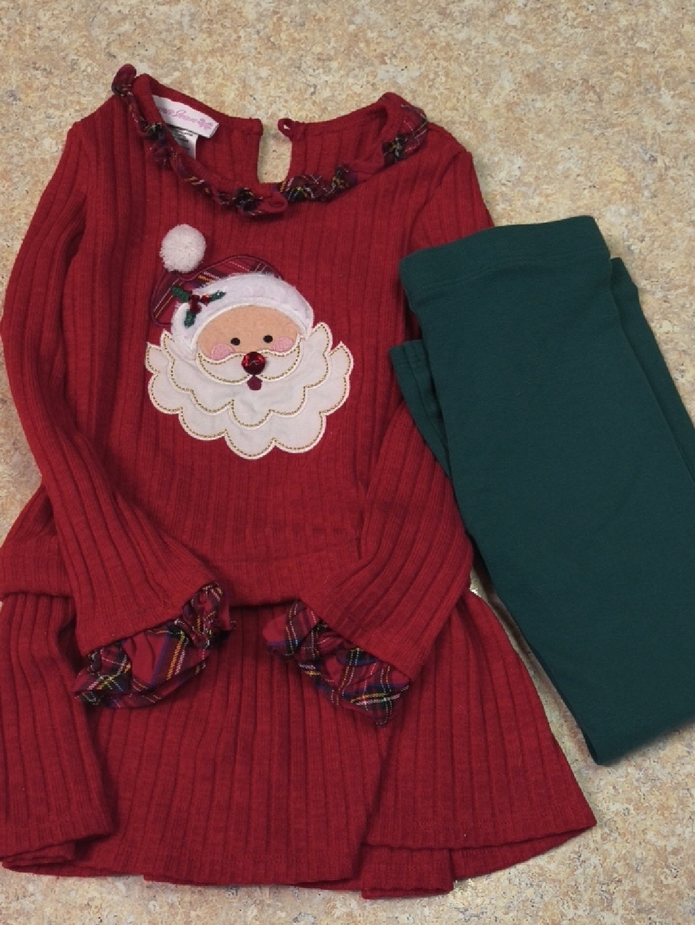 Bonnie Jean Red Ribbed Holiday Dress with Plaid Trim